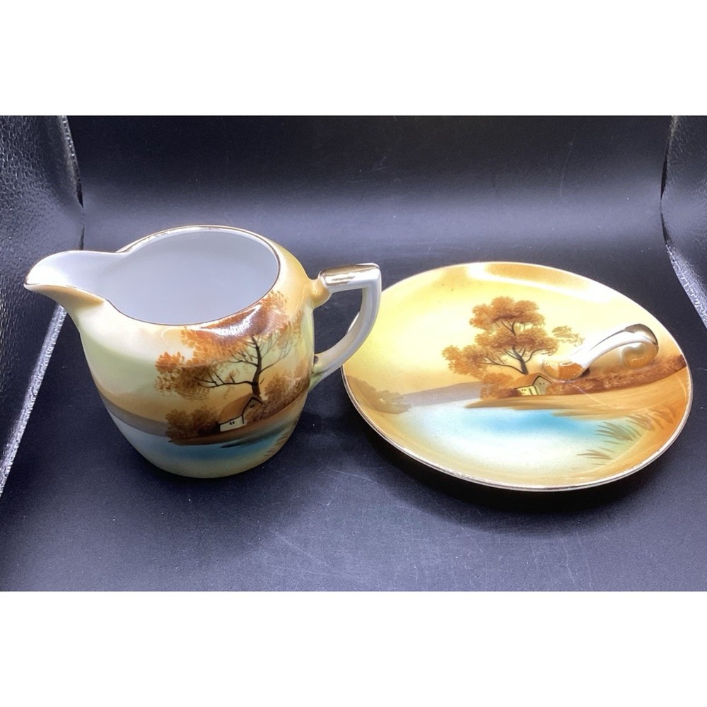 Vtg Noritake Creamer and‎ Lemon Wedge Plate Set - Beautiful Scene Ceramic Decor